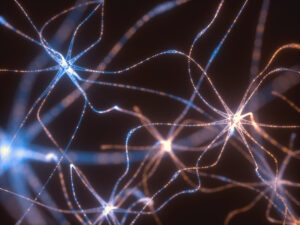 3D illustration of Interconnected neurons with electrical pulses.